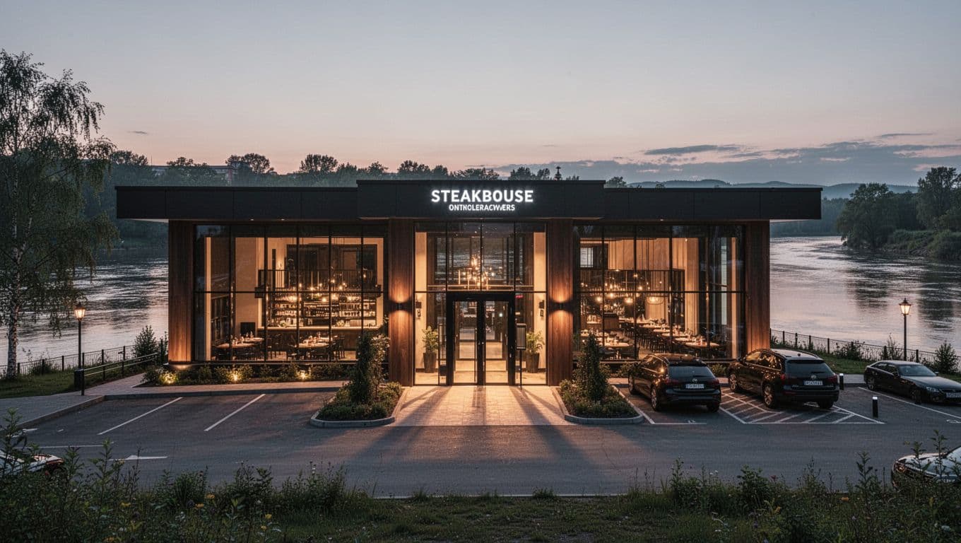 Modern steakhouse building at dusk with warm window lights, sparse parking lot, river background, centered entrance, and top green band with bold FIRE STEAKHOUSE text.