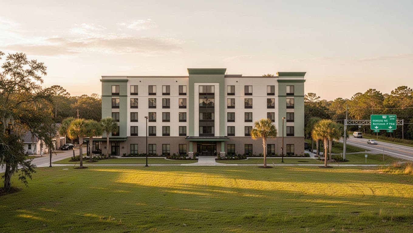 Green 'Area Hotels' header above modern hotel exterior in rural southern town with lawns, palms, and I-65 sign in golden hour light.
