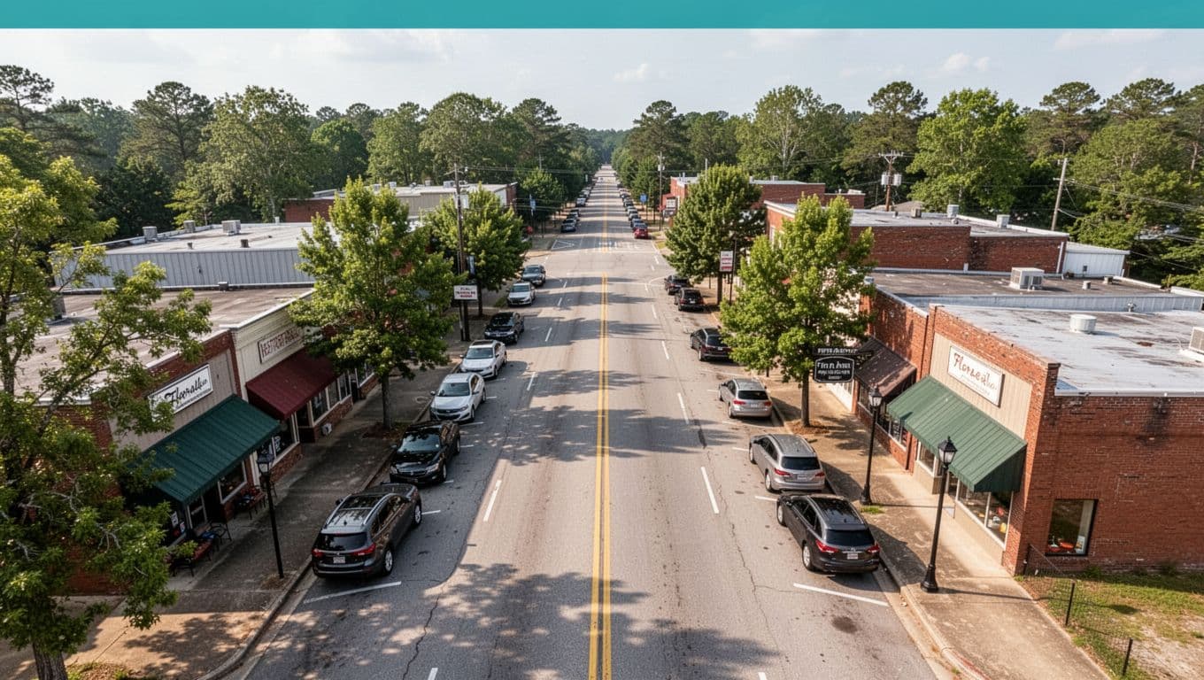 Aerial view of Florala's Fifth Avenue with restaurants, storefronts, trees, parked cars in sunny afternoon light, green LOCAL SPOTLIGHT banner atop.