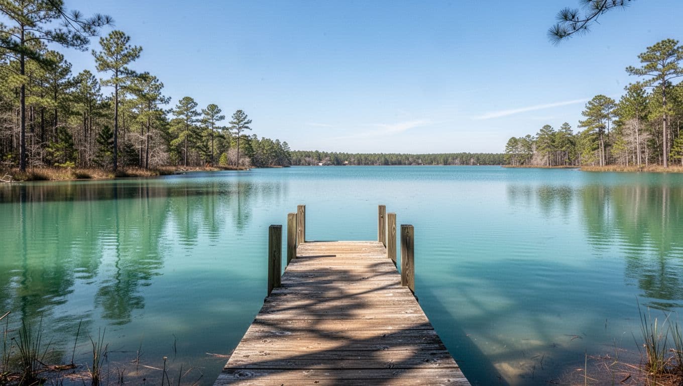Calm Lake Jackson waters with pine trees, foreground wooden dock, blue sky, topped by green 'Florala Stays' band.