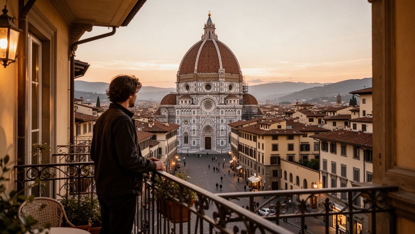 Florence Duomo at dusk viewed from hotel balcony over cobblestone street with few pedestrians and one person on balcony.