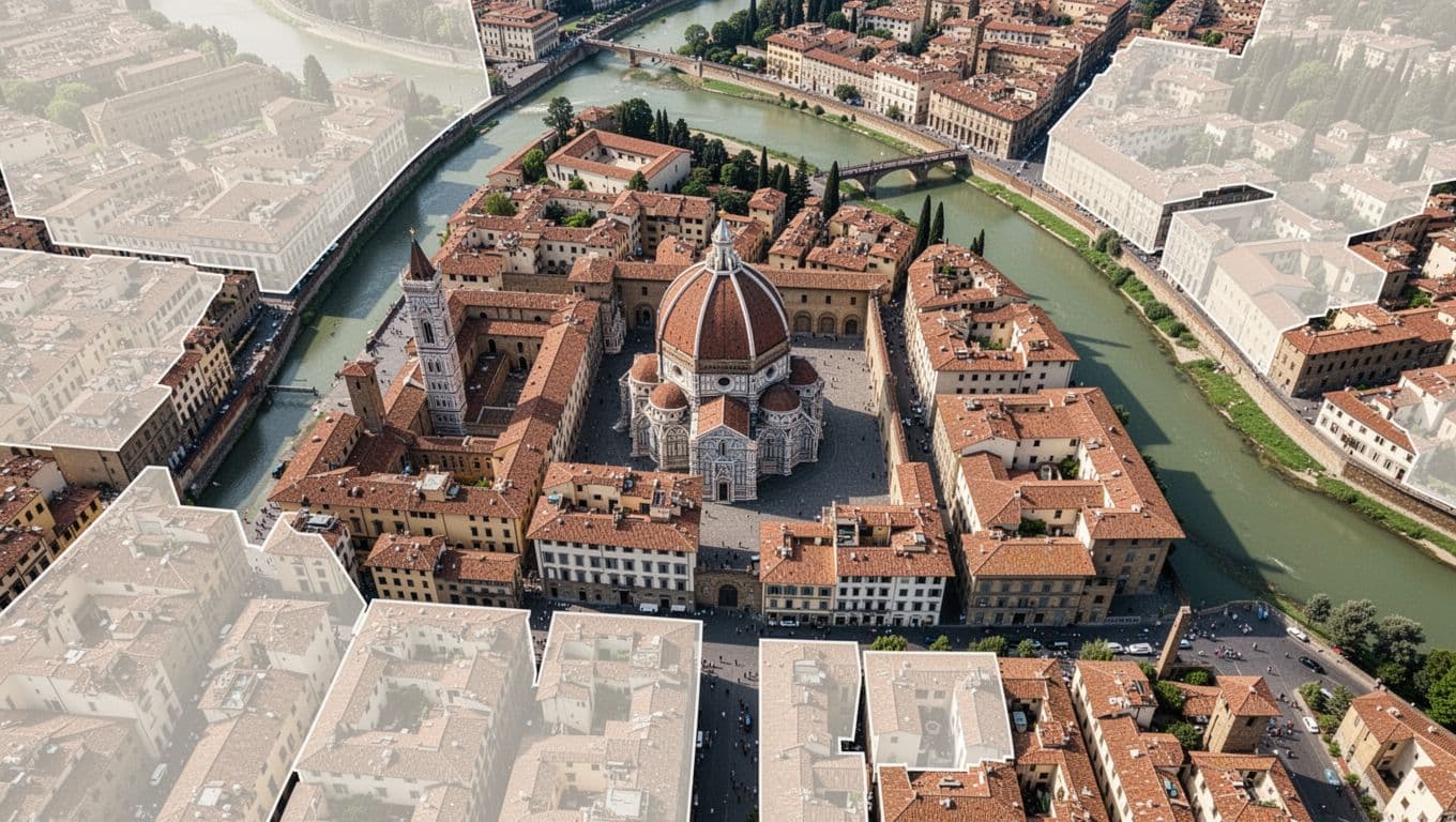 Top-down illustrative map of Florence neighborhoods centered on Duomo with Arno River and labeled districts like Centro Storico and Santa Croce.