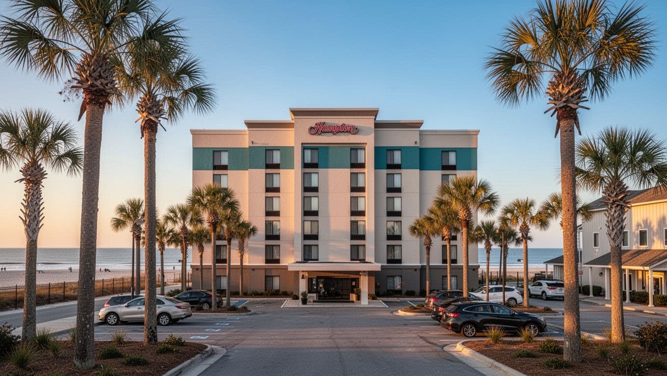 Hampton Inn exterior at golden hour sunset with 'Foley Stays' on green band, palm trees foreground, parking lot, beach background.