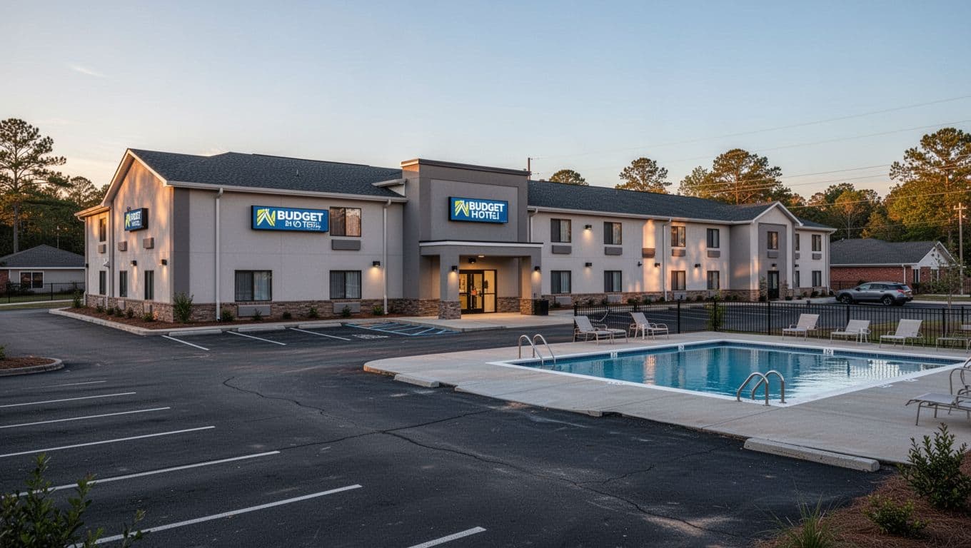 Modern hotel facade with parking lot, entrance, and pool in evening golden light, green 'NEARBY STAYS' band at top.