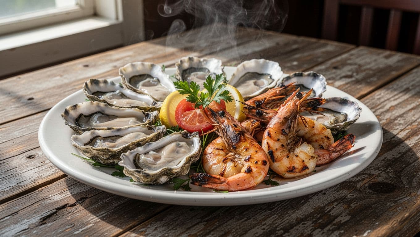 Steaming plate of gulf oysters, grilled shrimp, and sides on wooden table under green 'Fresh Catches' headline.