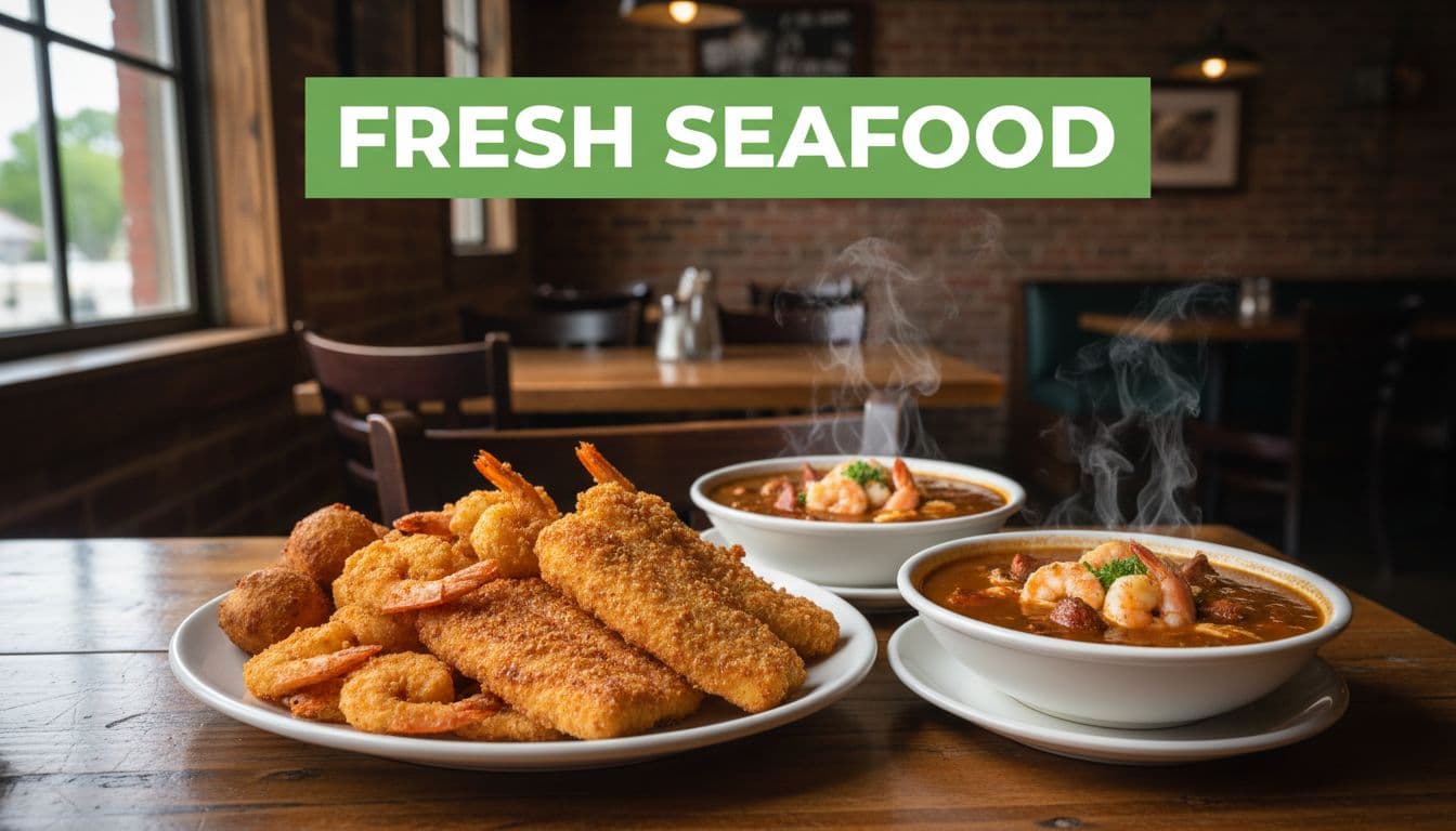 Golden fried Gulf shrimp and catfish with hush puppies and steaming gumbo on wooden table under FRESH SEAFOOD banner.
