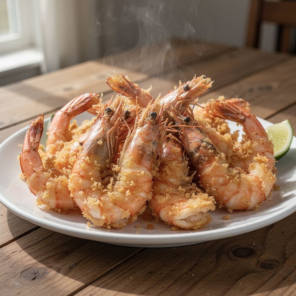 A close-up of steaming fried shrimp on a wooden table with a Fresh Catch header.
