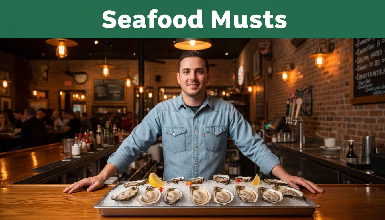 Fresh oysters on ice atop wooden bar counter in oyster bar, one bartender with relaxed hands visible under warm lighting.