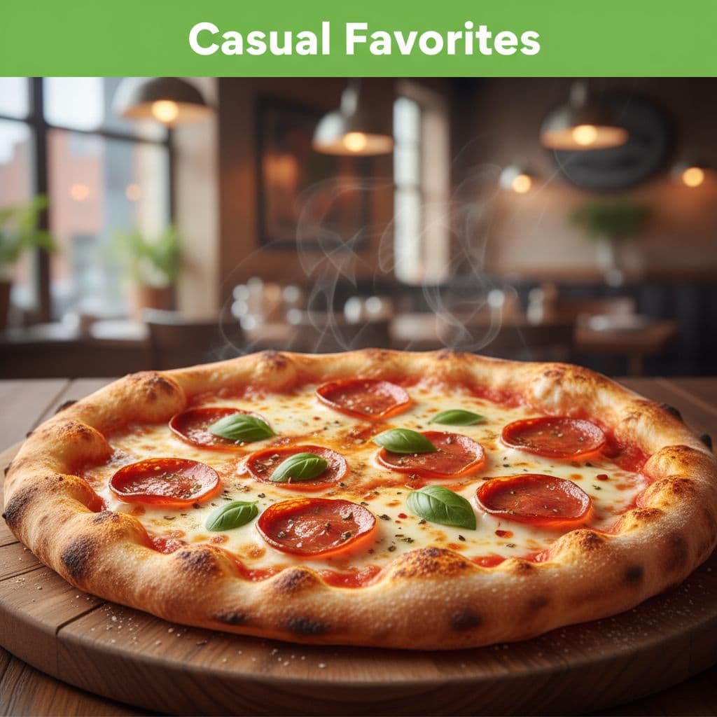 A close-up of a hot pizza with melted cheese on a wooden board inside a restaurant.