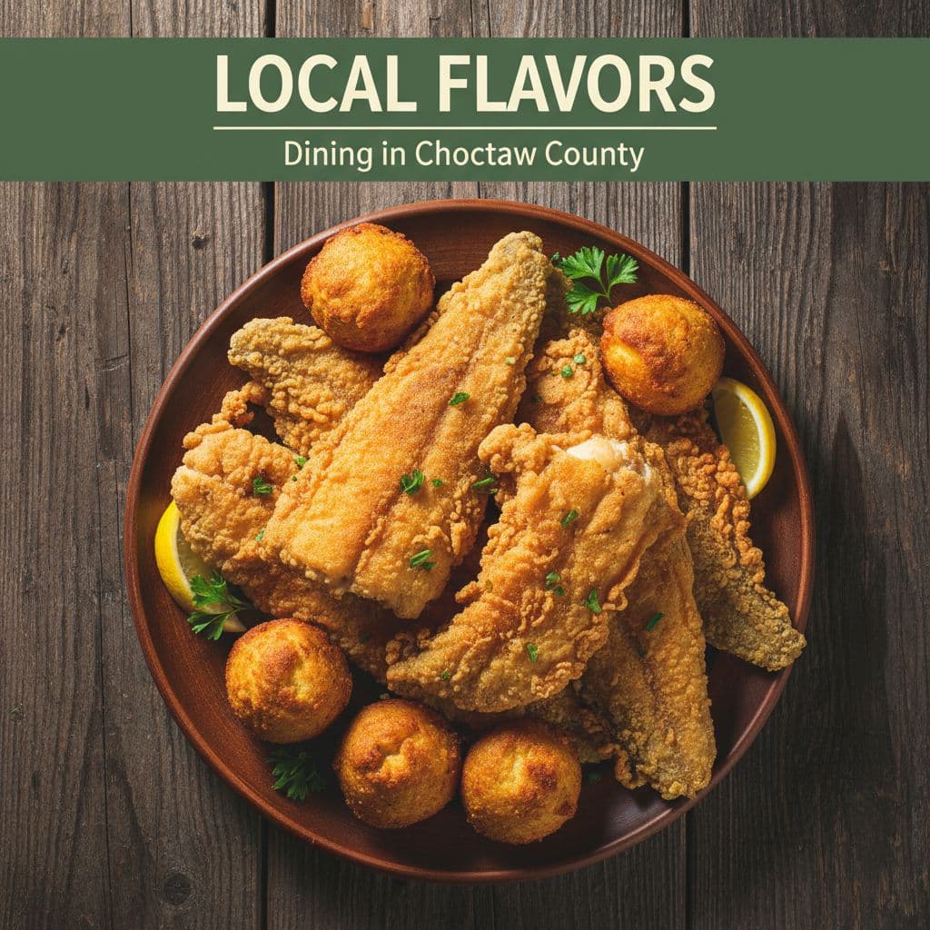 A rustic plate featuring crispy fried catfish and golden hushpuppies served on a weathered wooden table.