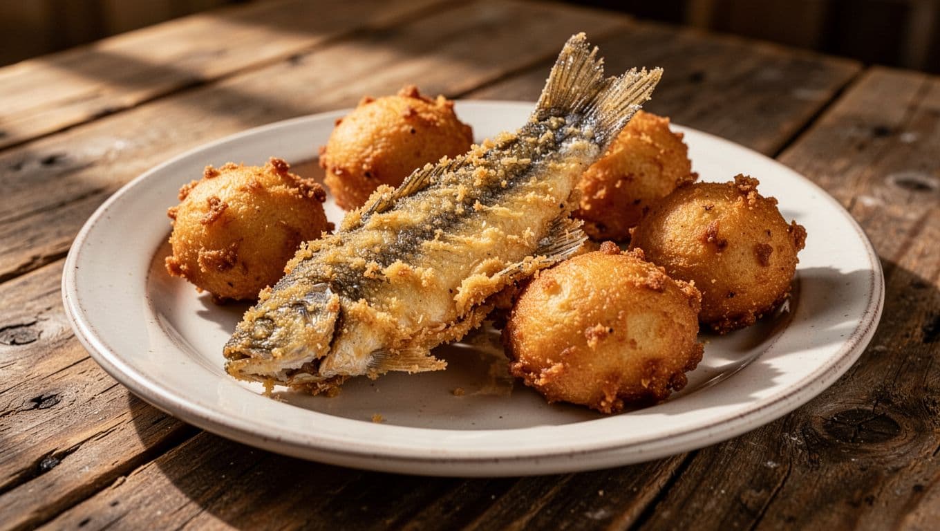 A plate of crispy golden-fried catfish served with round hushpuppies on a rustic wooden table.
