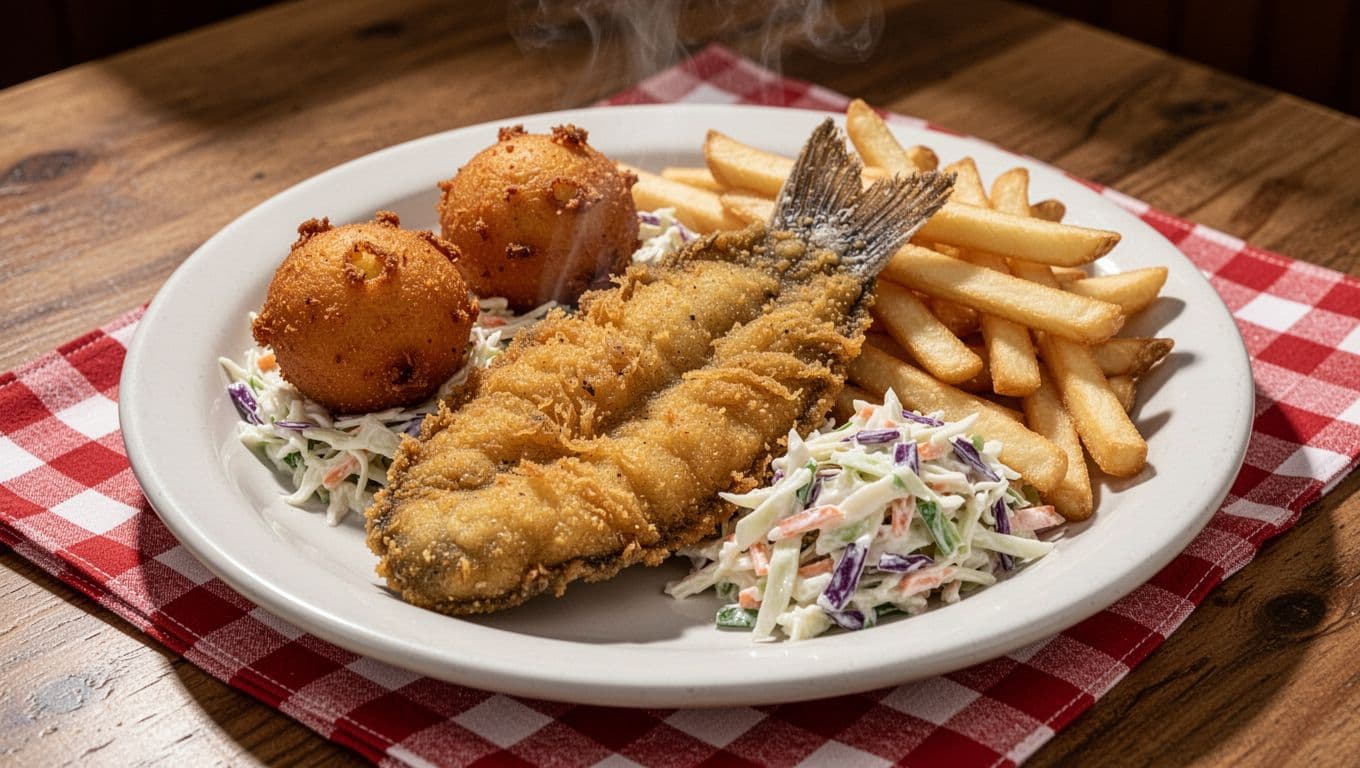 Fried catfish, hushpuppies, coleslaw, and french fries on white plate on wooden table with checkered napkin; green band at top reads 'Catfish Dinner'.
