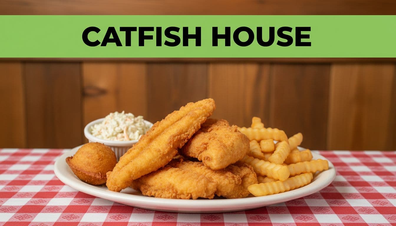 Fried catfish fillets on white plate with hushpuppies, coleslaw, and fries on checkered tablecloth, green Catfish House banner above.