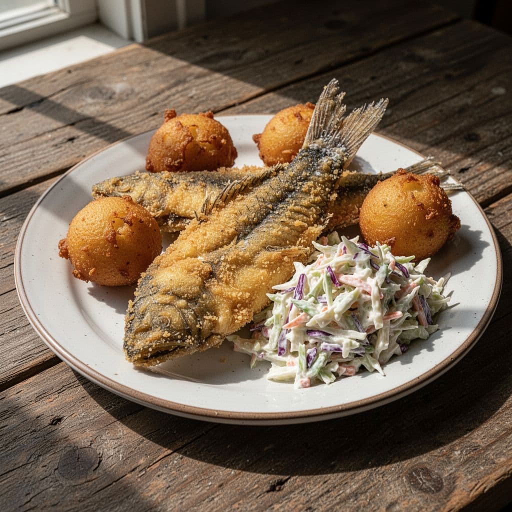 A rustic plate of fried catfish, hushpuppies, and coleslaw sits on a wooden table beneath a Local Flavor banner.