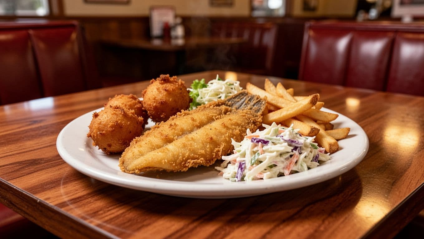 Golden brown fried catfish fillets with hushpuppies, fries, and coleslaw on white plate over wooden diner table, below green 'Catfish Plates' band.