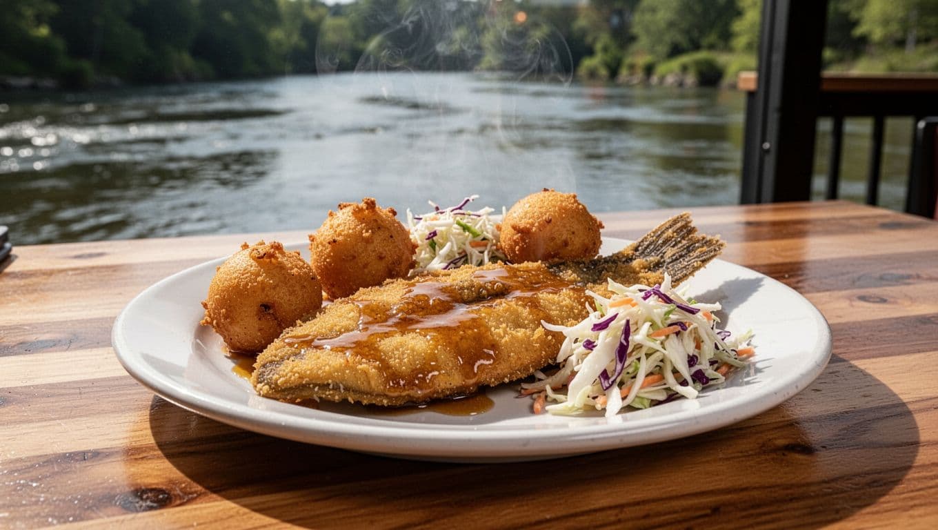 Fried catfish platter with hushpuppies and coleslaw on white plate in riverside restaurant, steam rising, green 'River Catfish' headline band at top.