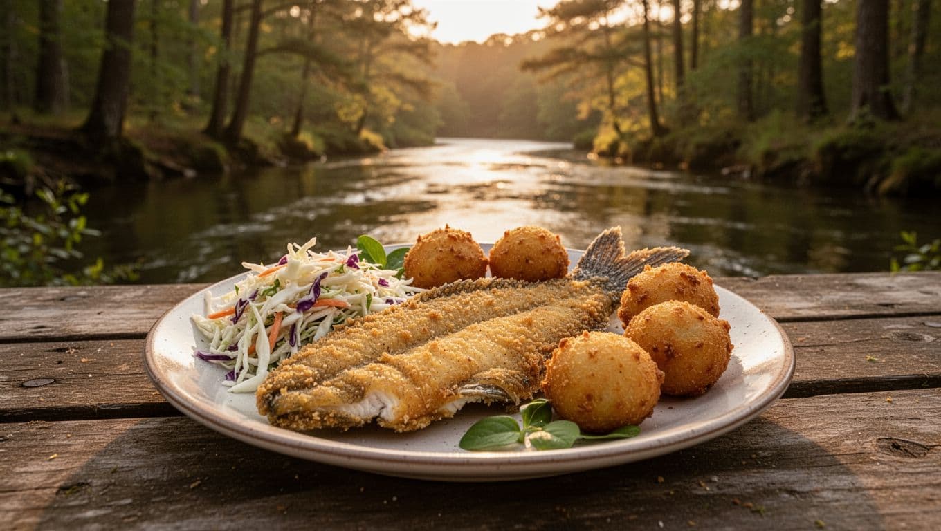 Fried catfish platter with coleslaw and hushpuppies on picnic table at riverside fish camp, green band with 'Fresh Catch' headline.