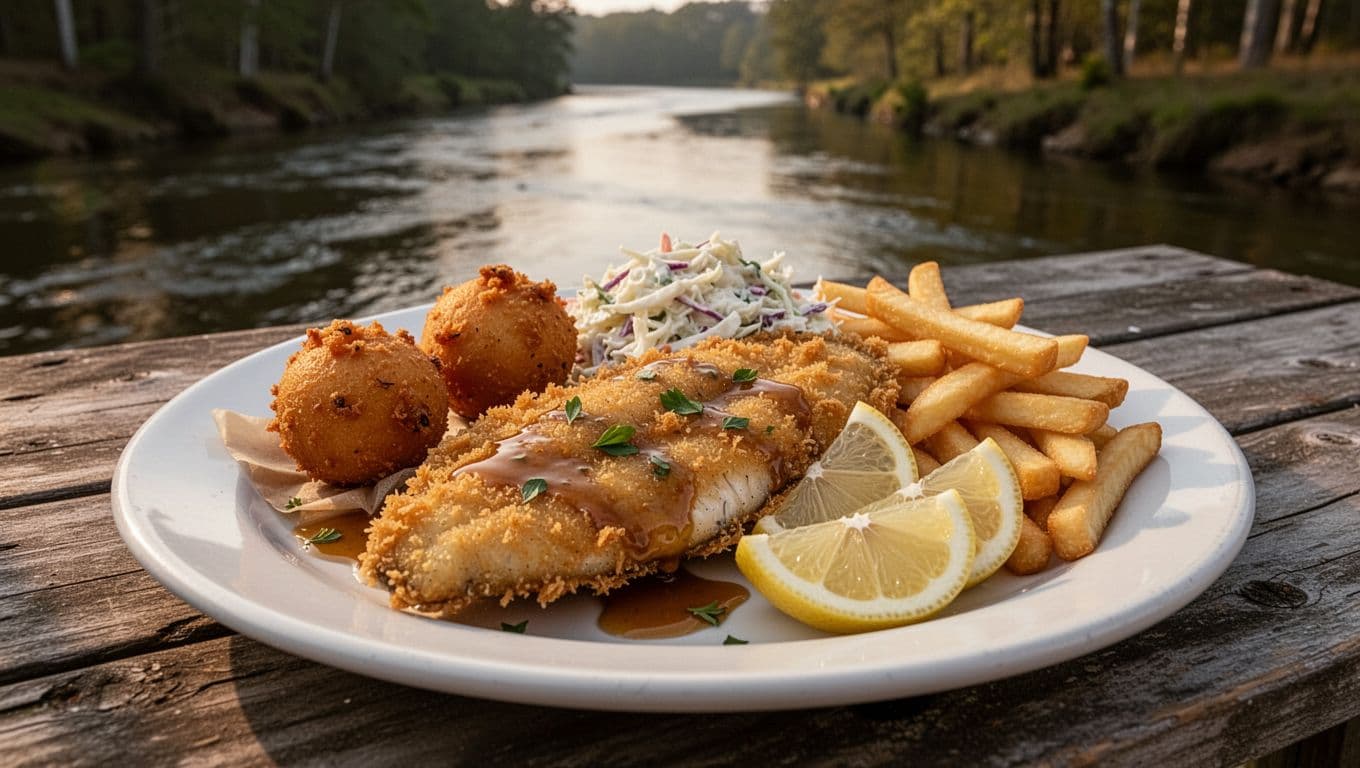 Plate of golden fried catfish fillets with hushpuppies, coleslaw, and fries on outdoor riverside table.