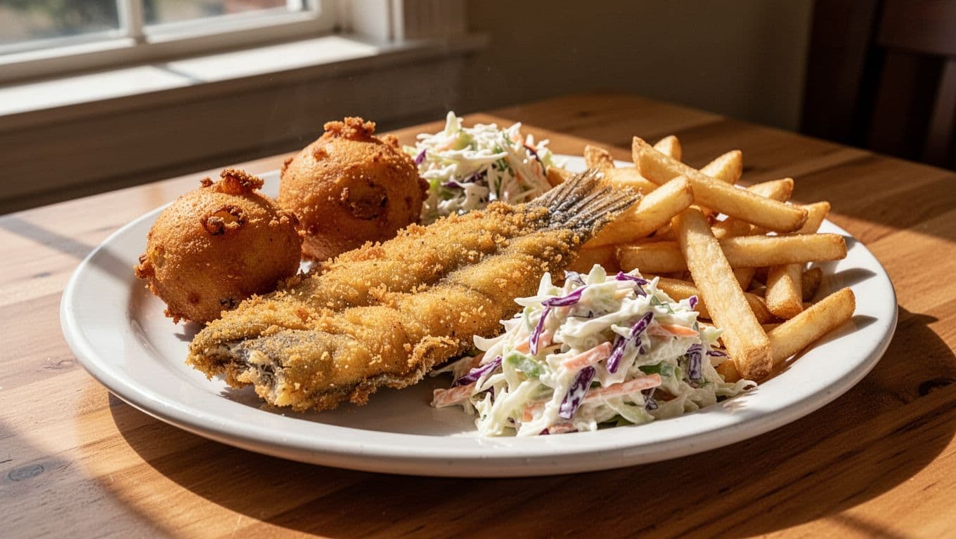 A plate of golden fried catfish served with hushpuppies, cole slaw, and crispy fries.