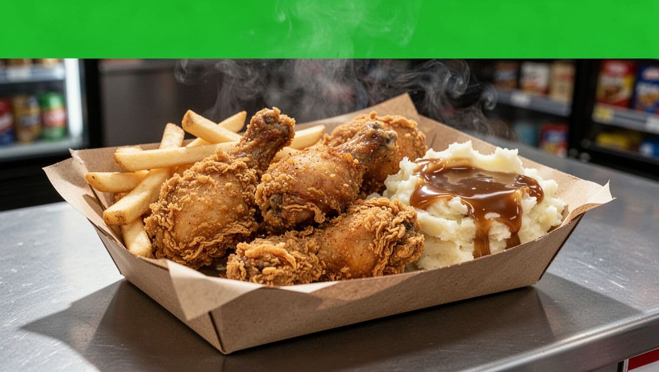 Paper tray with crispy golden fried chicken tenders, drumsticks, french fries, and mashed potatoes with gravy on convenience store counter under green Fried Chicken header.
