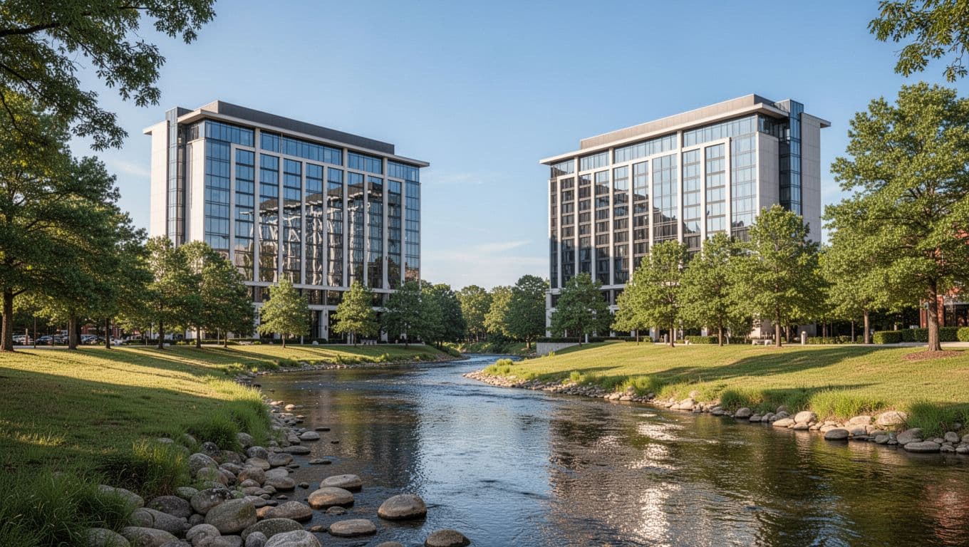 Two modern hotels along a river with green surroundings under clear blue sky, 'Near Coats Bend' headline band at top.