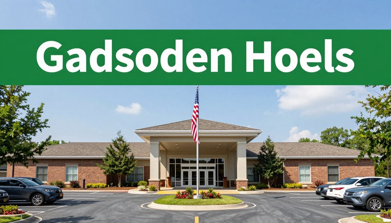 Green band with 'Gadsden Hotels' tops modern hotel exterior in sunny Alabama daylight, parking lot with two cars, American flag, welcoming doors.