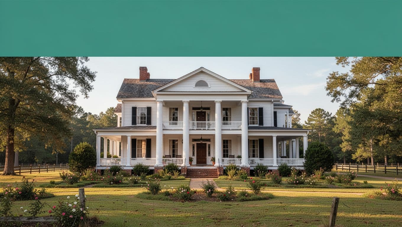 Green header band with 'Dinner Club' text above centered historic white-columned plantation house exterior, front porch, garden in rural Alabama daytime.
