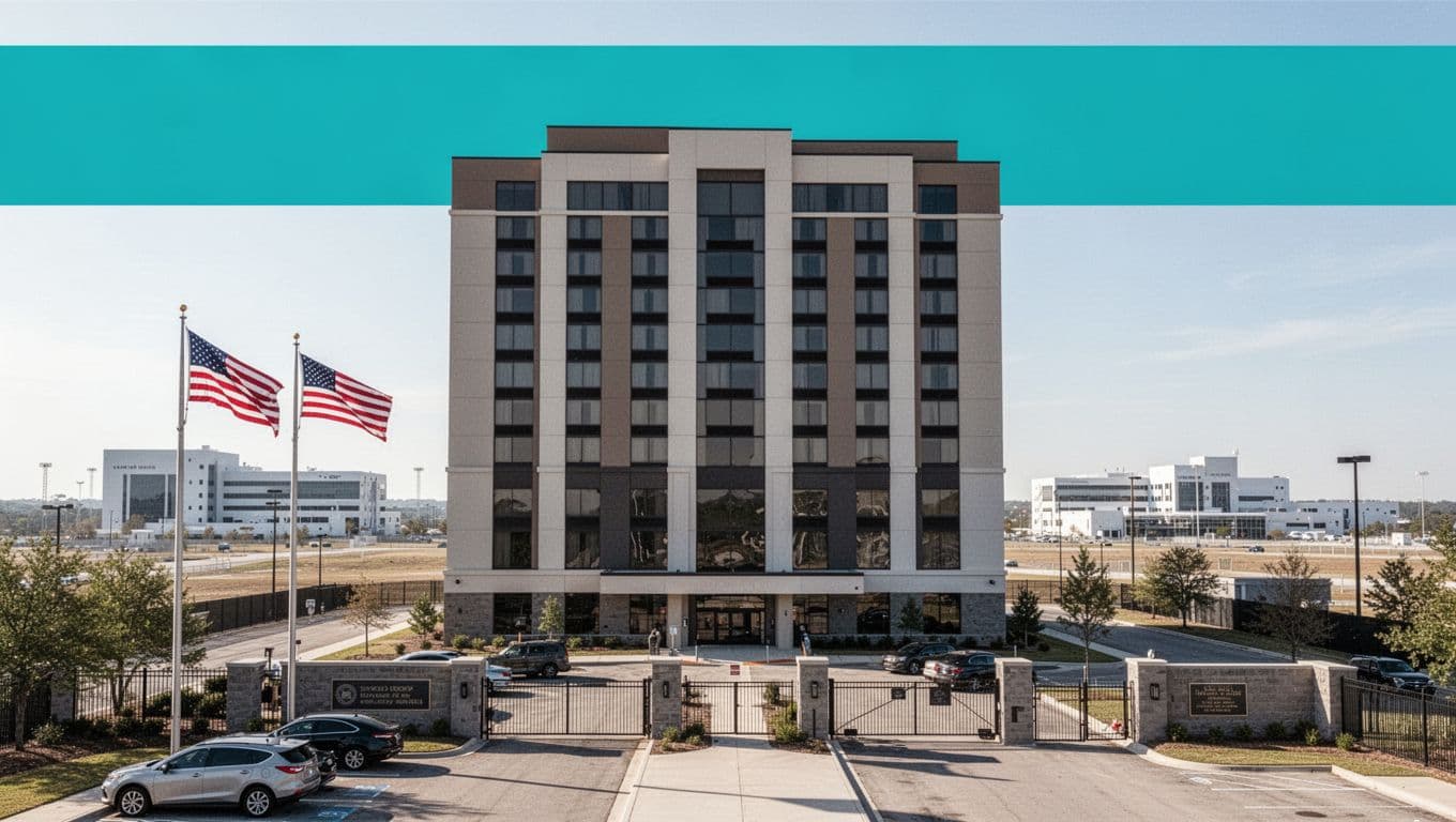 Modern mid-rise hotel exterior outside Gate 9 military base on sunny day with American flag and parked cars.