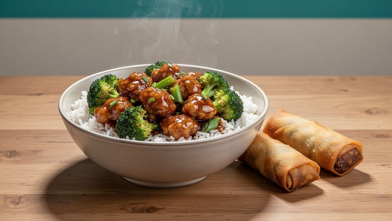 Steaming bowl of General Tso's chicken with broccoli and rice beside two egg rolls on table, green 'Chinese Classics' band at top.