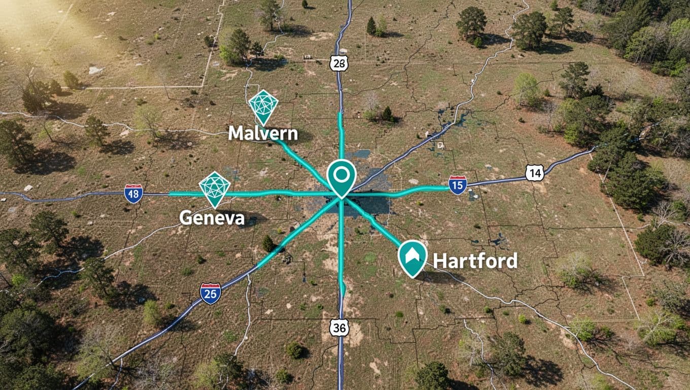 Illustrative aerial map of Geneva County Alabama highlights Malvern Geneva and Hartford with green roads under bold green title band.