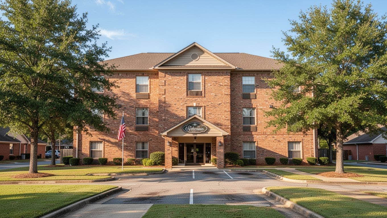 Two-story brick hotel with entrance, parking lot, American flag, lawns, trees under blue sky; green 'Heritage Hotel' band above.