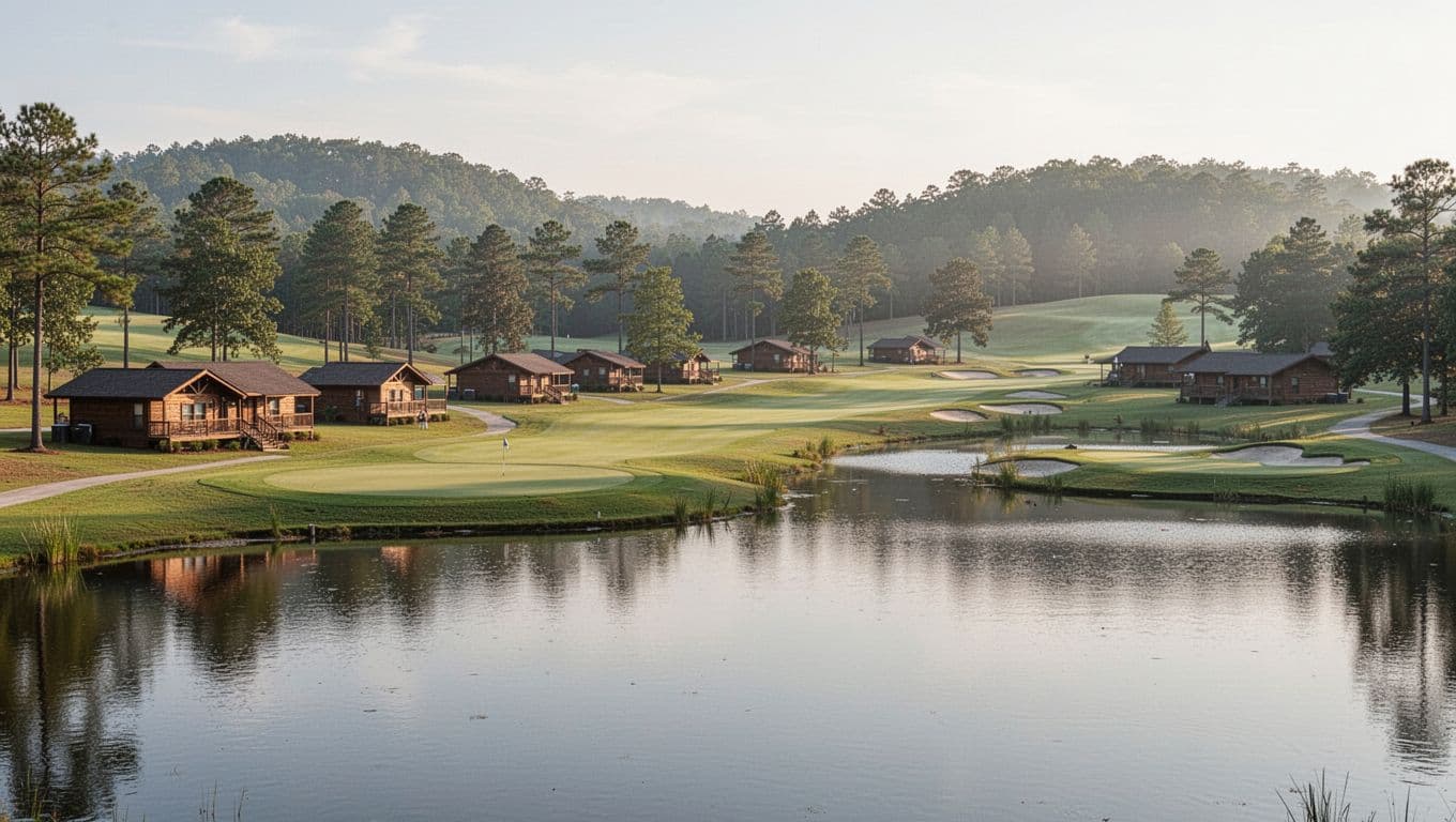 Lakefront resort with scattered cabins, golf course, pond, and green hills under morning light, green top band with 'Resort Stay' headline.
