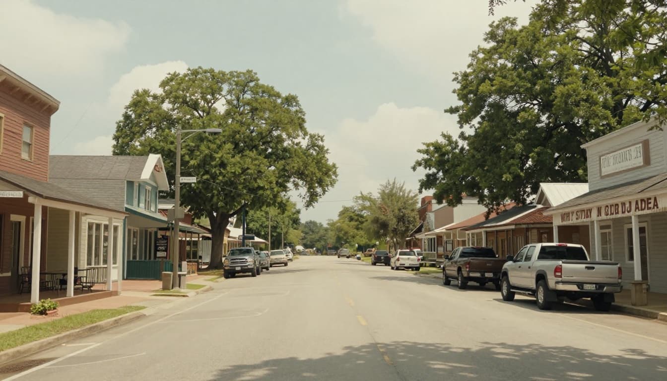Wide view of quiet rural Alabama main street with quaint shops, trees, and parked pickup trucks in warm afternoon sunlight.