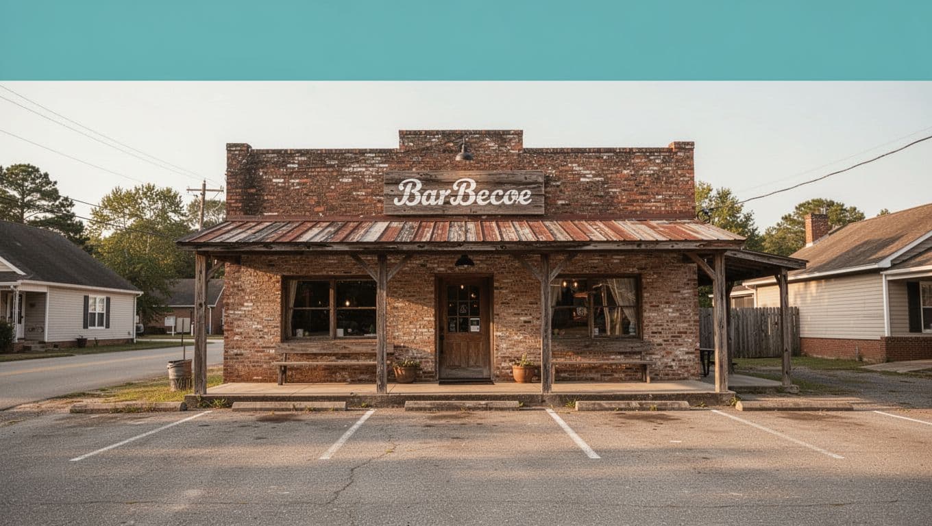 Rustic barbecue restaurant exterior on quiet Alabama street under green Top Pick banner.
