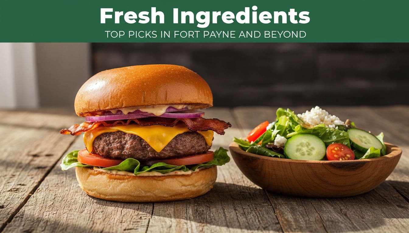Close-up of gourmet burger and side salad on rustic wooden table with top 'Fresh Ingredients' headline band.