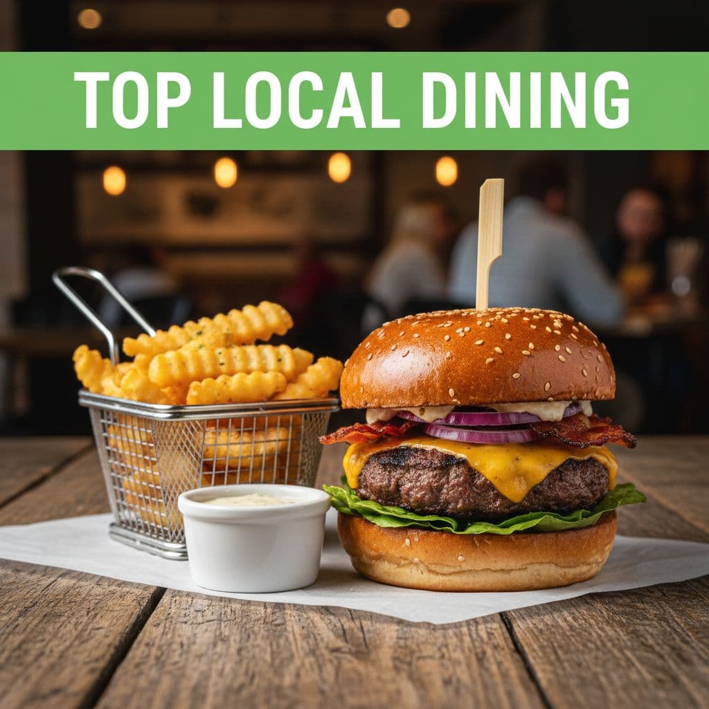 Gourmet burger and fries on wooden table with green Top Local Dining headline band.