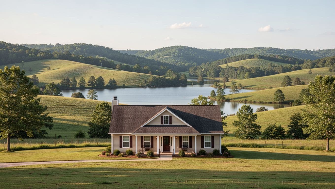 Cozy hotel in foreground amid rolling hills and distant lake, green top banner reads GRANT HOTELS.
