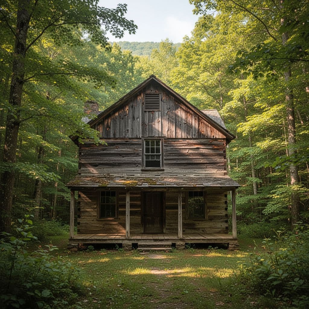 Rustic wooden building with small porch and 'Greasy Cove' green banner, surrounded by Appalachian trees in afternoon sun.