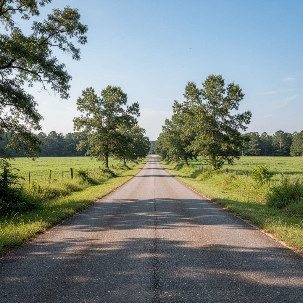 A quiet road winds through lush Alabama greenery under a bright, clear blue sky.