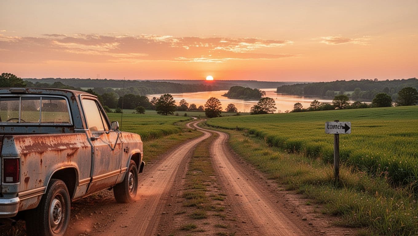 Wide rural landscape with green fields, dirt road and pickup truck leading to distant river under sunset sky, green 'NEARBY EATS' banner at top.