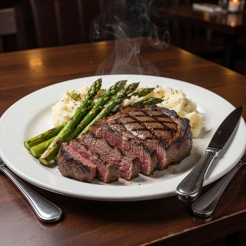 Close-up plate of grilled ribeye steak with asparagus and mashed potatoes on dark wooden table, steam rising, knife and fork nearby, green band with STEAK HIGHLIGHTS at top.