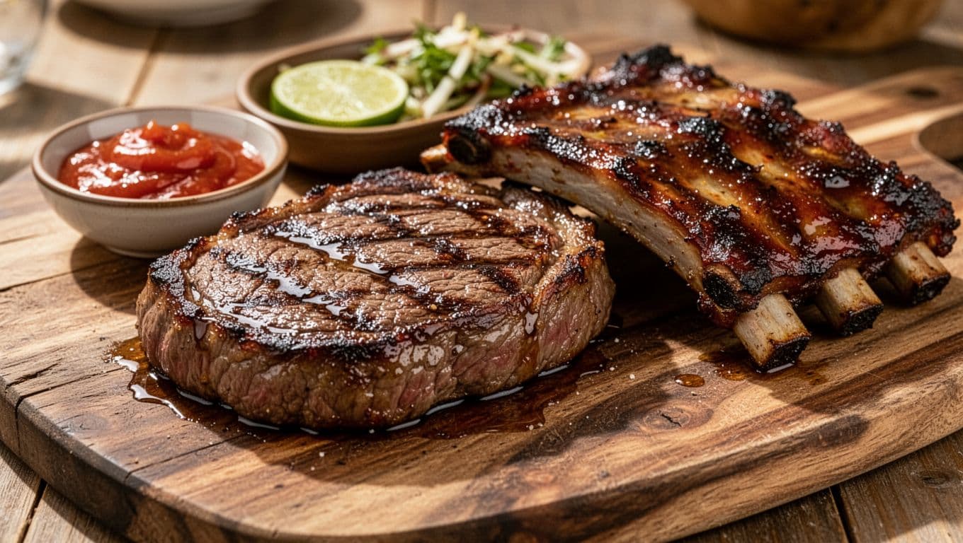 A close-up view of grilled steak and smoked barbecue ribs served with sides on a wooden table.