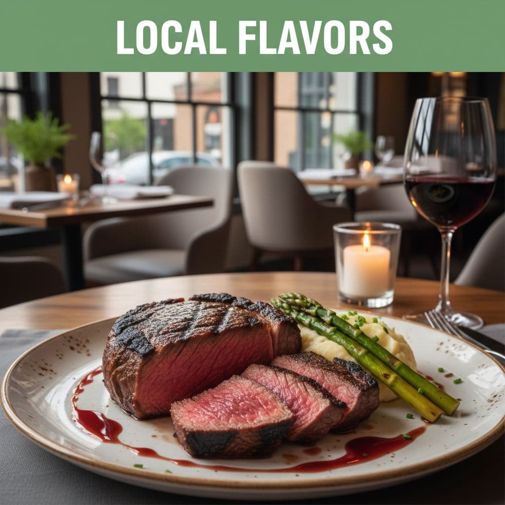 A seared steak served on a plate inside a cozy, dimly lit restaurant setting.