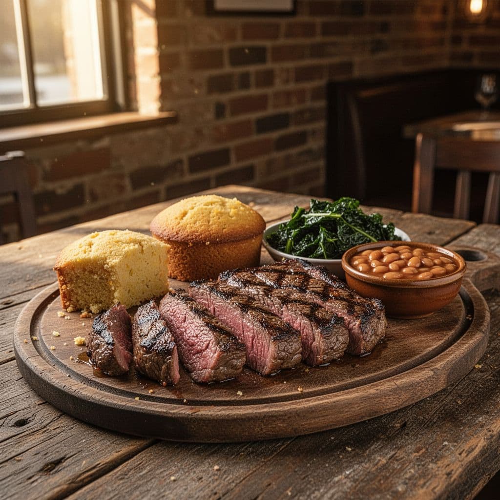 A wooden platter featuring a grilled steak and southern style sides sits on a restaurant table.
