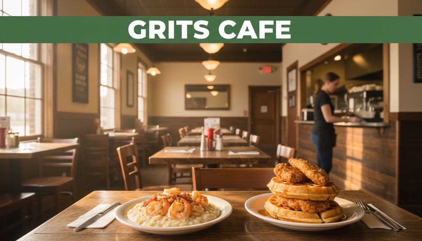 Cozy Southern diner interior with shrimp and grits, chicken and waffles on wooden tables, one server in background, GRITS CAFE headline on green band.