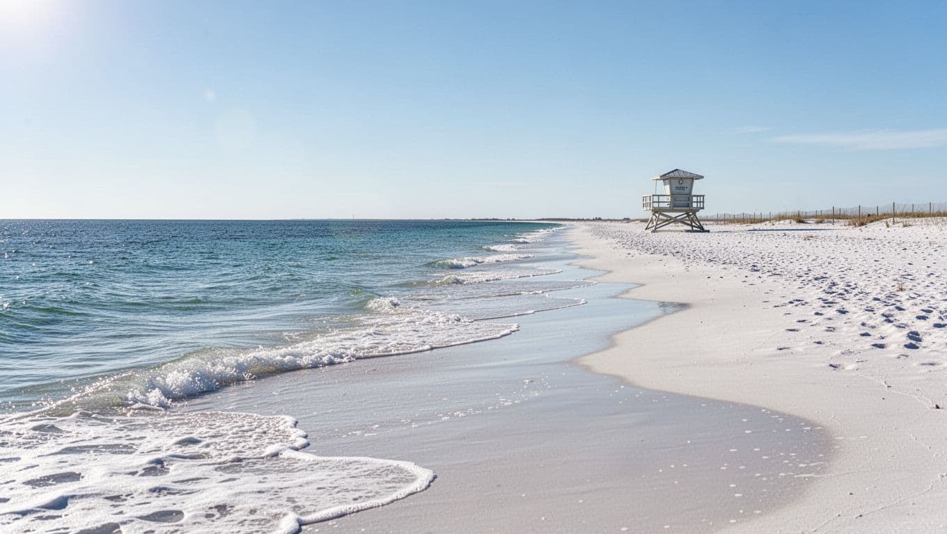 A quiet white sand beach borders calm blue water under a clear sunny sky.