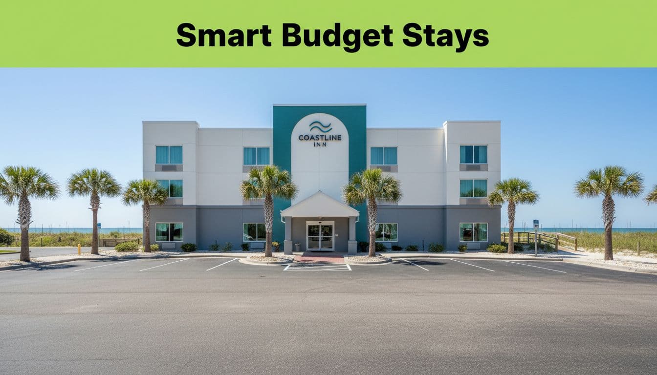 Modern 3-story hotel with palm trees, empty parking lot, ocean glimpse, beach path, and top green banner 'Smart Budget Stays'.