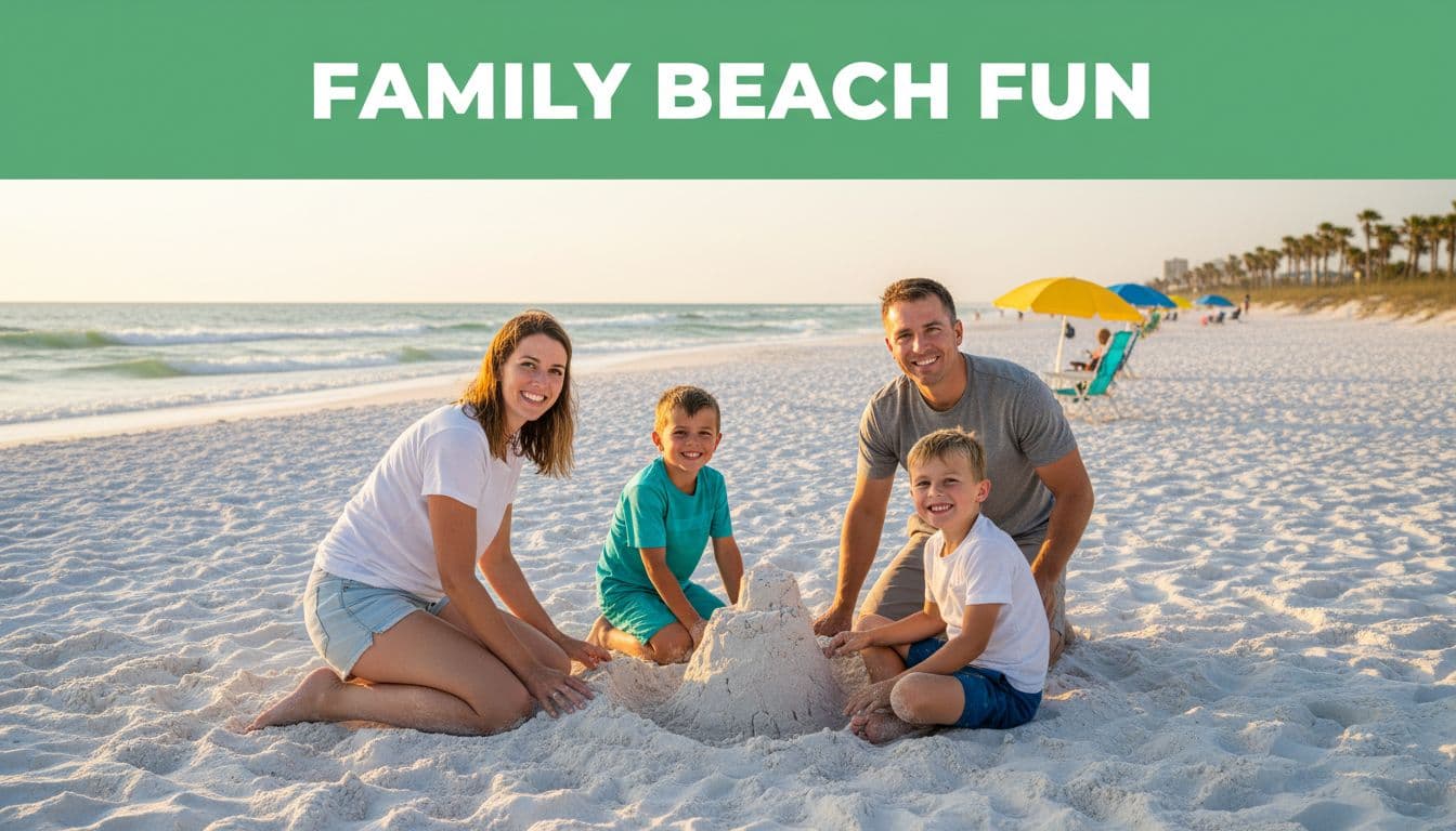 Mother, father, and two young children kneel building sandcastle on white sand beach with turquoise waves, colorful umbrellas, palm trees; green top band with 'Family Beach Fun' headline.