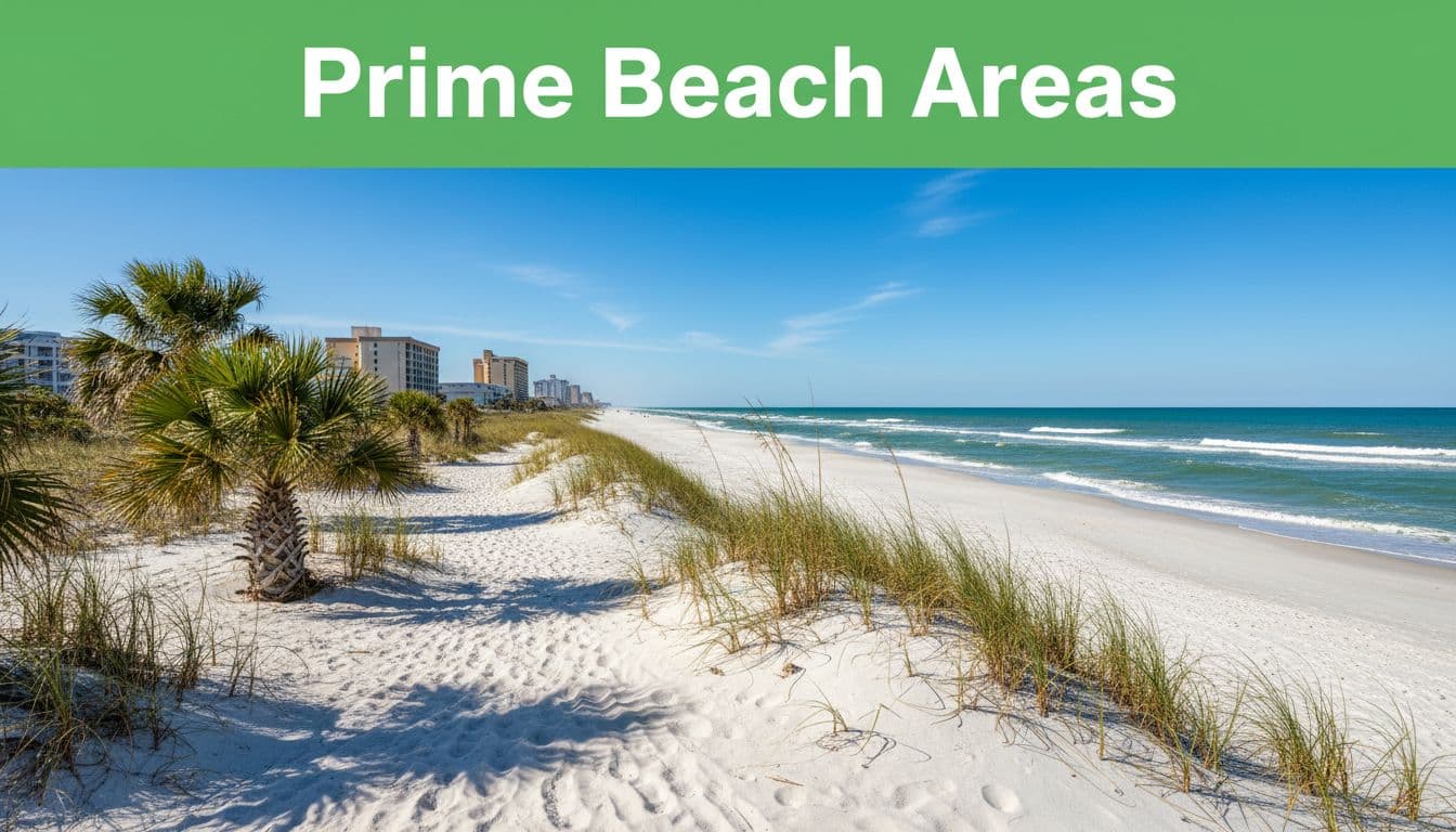 White sand dunes and beach along turquoise Gulf waters with palms, sea oats, distant hotels under blue sky, green top band with 'Prime Beach Areas' headline.