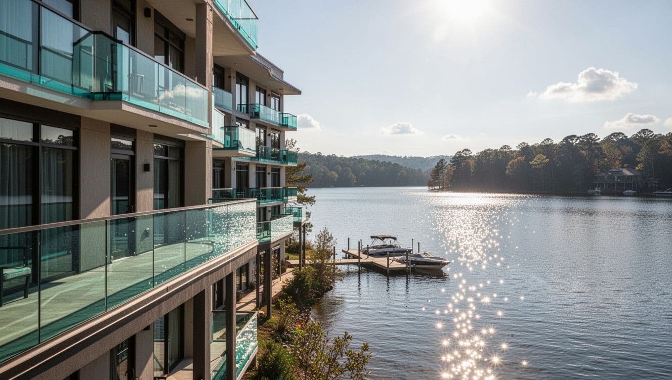 Modern hotel with green-railing balconies overlooks sunny lake with reflections and nearby dock under 'Lake Hotels' green banner.